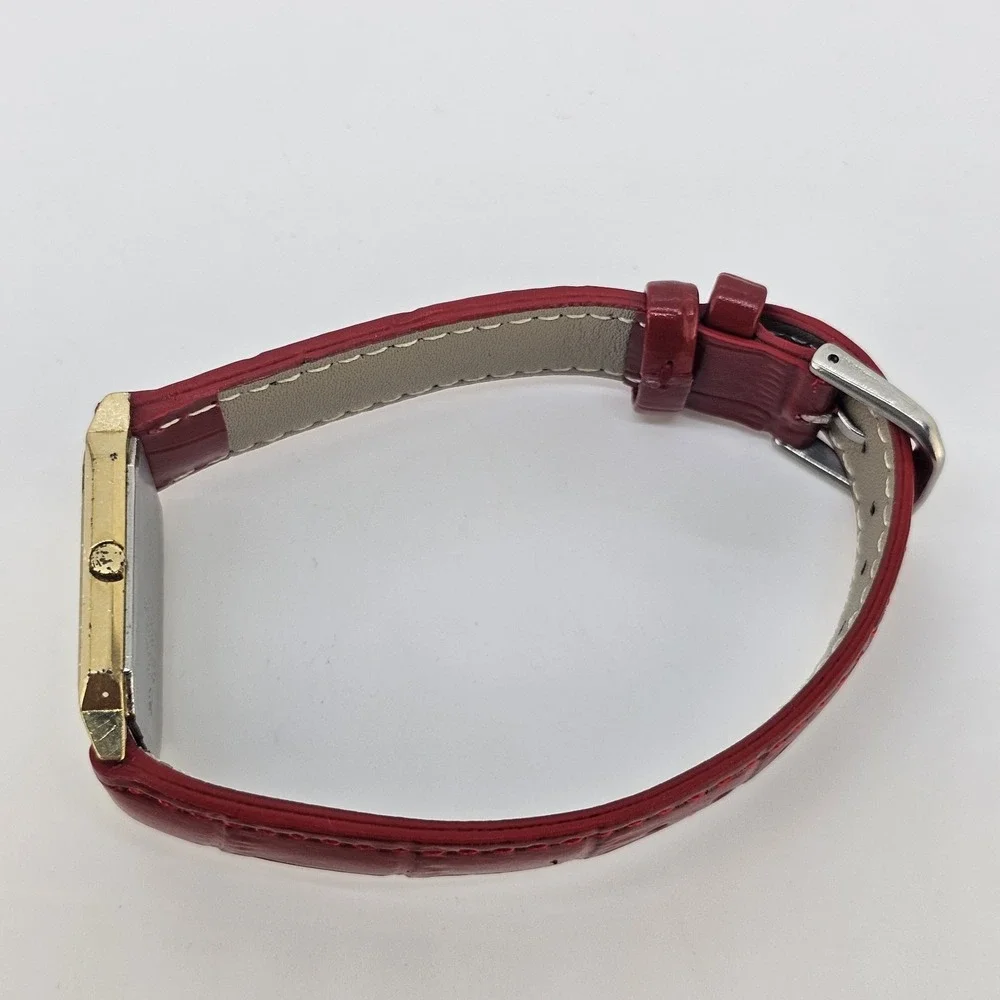 VTG Seiko Tank Women Watch 26MM Gold Dial NEW Red Leather Bands NEW Battery